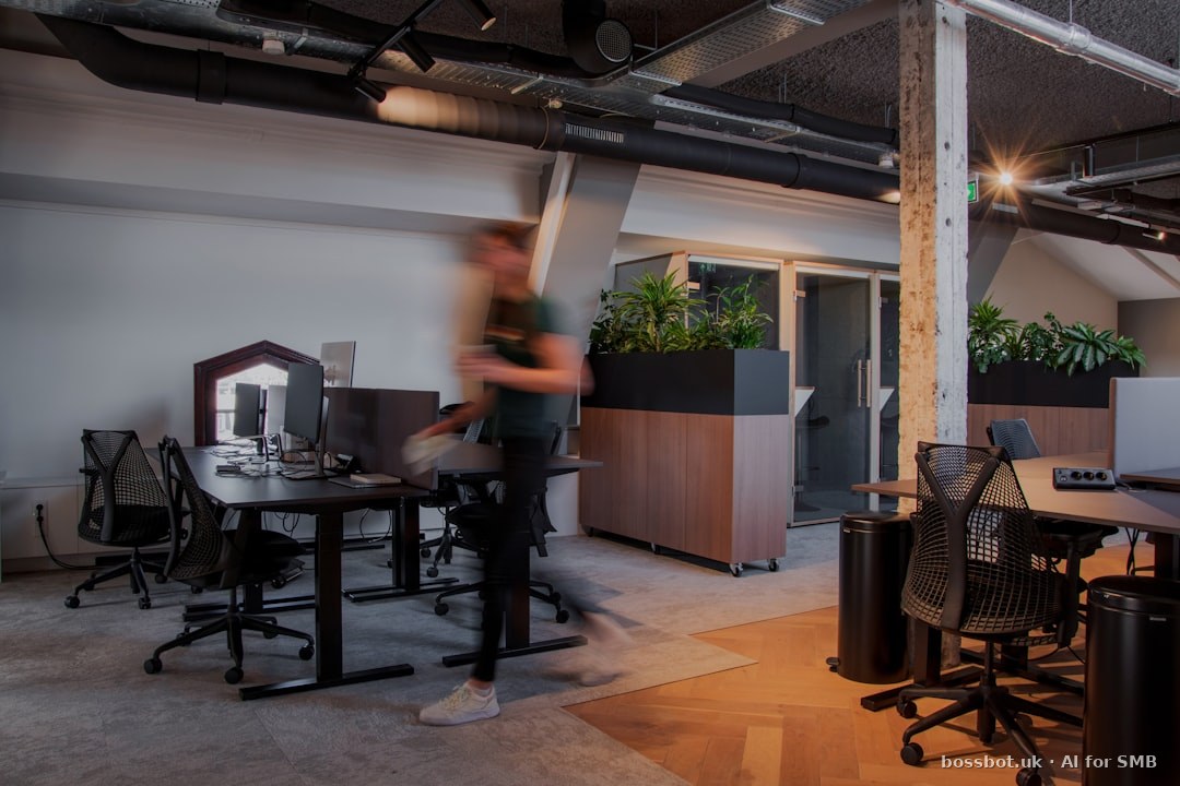 A blurry photo of a man in an office