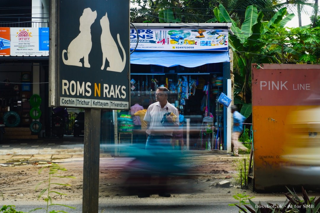 Blurred motion past a pet shop sign and store.