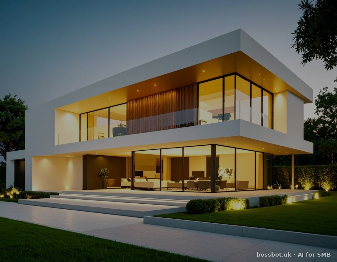 Modern house exterior glows with lights.