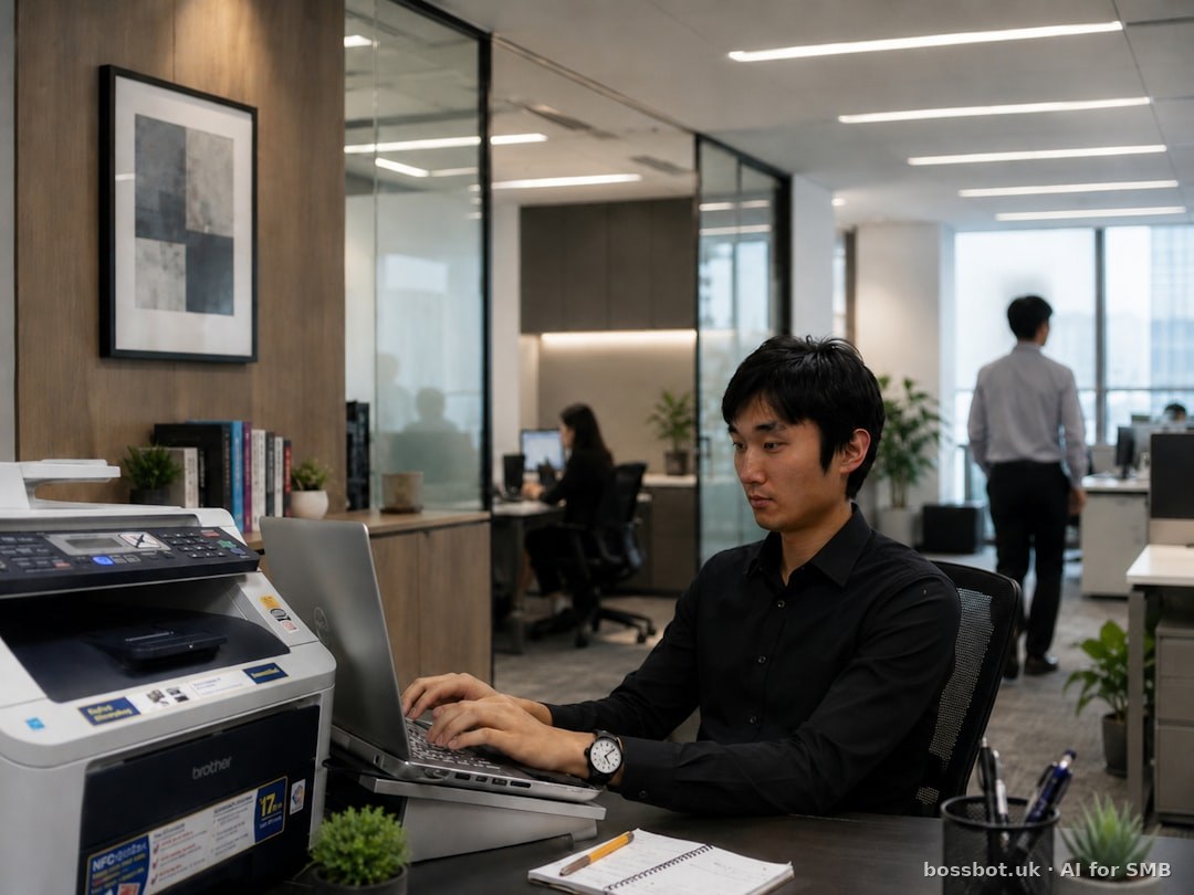Young man typing on laptop in a modern office.