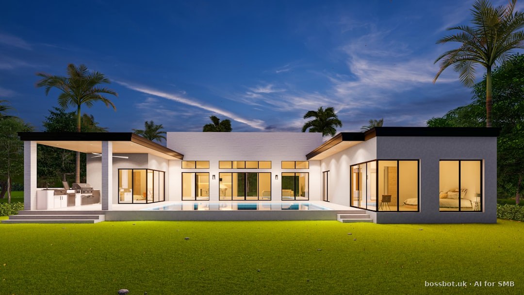 A modern house with a pool in front of it