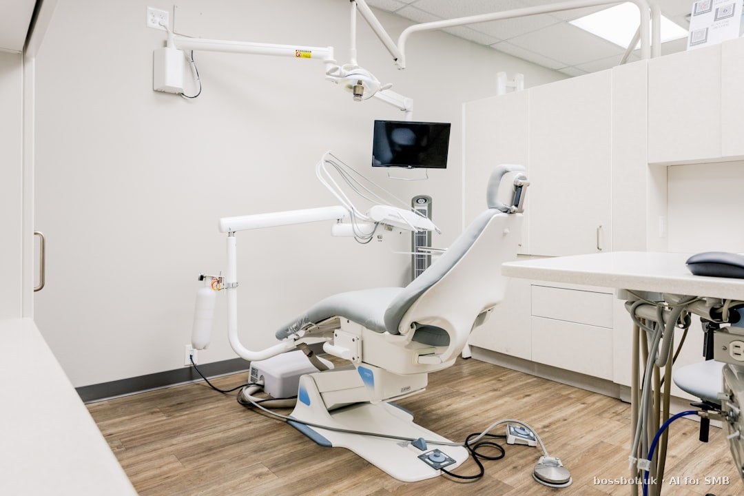 A dental room with a desk and chairs