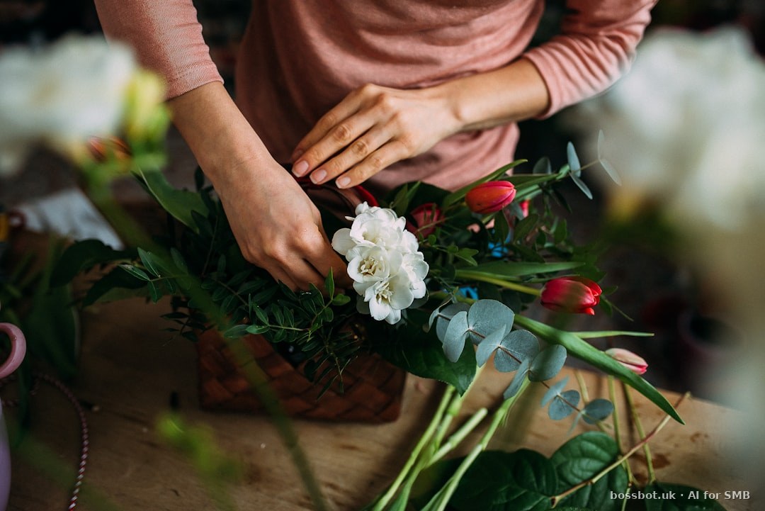 Independent florist arranging a wedding bouquet surrounded by flowers, with a smartphone showing order confirmation messages