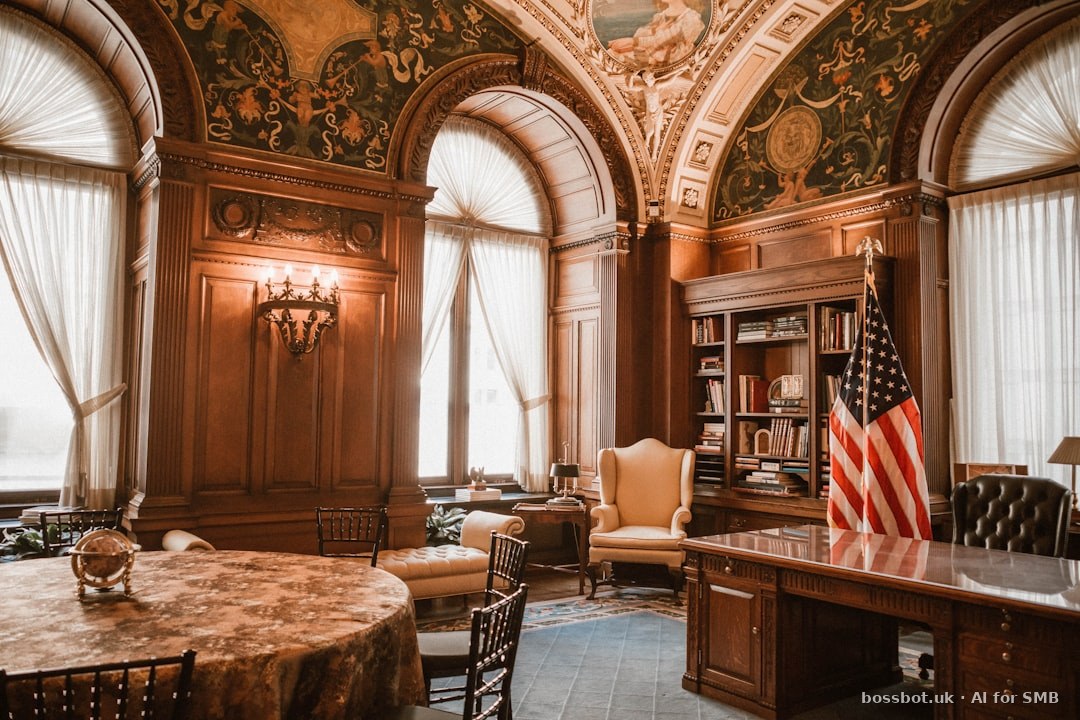 Ornate office with american flag and antique furniture