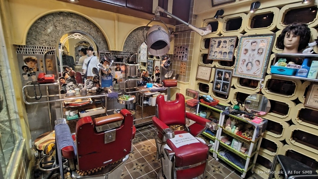 Vintage barber shop interior with red chairs and dryers