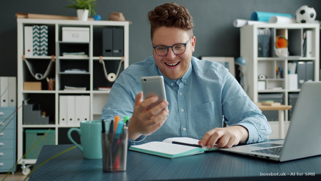 Man smiling while looking at his phone at desk