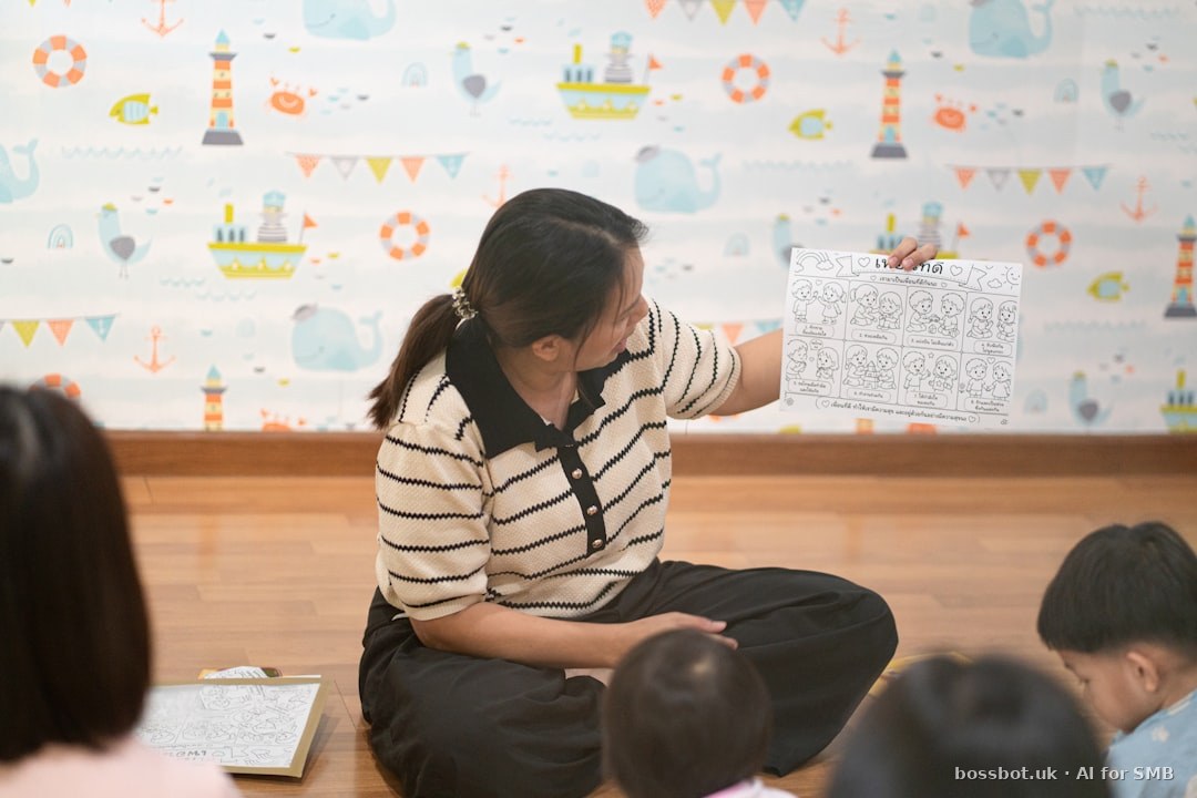 A woman holding a worksheet for children in a room with nautical wallpaper.