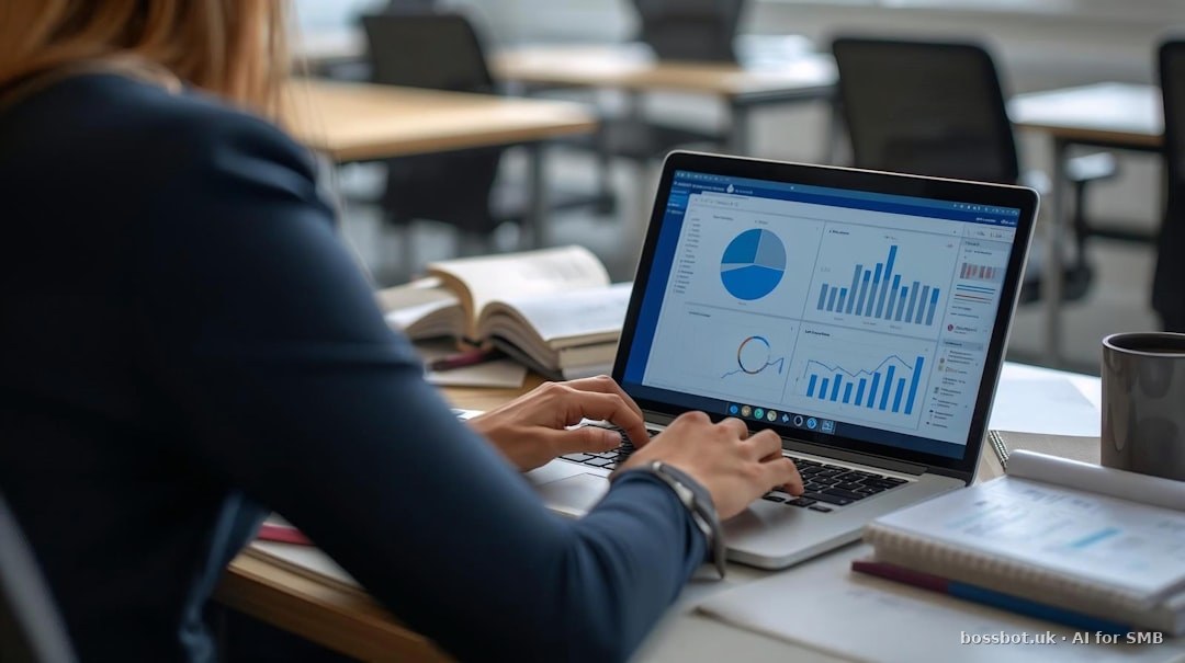 Woman working on laptop with charts and graphs.