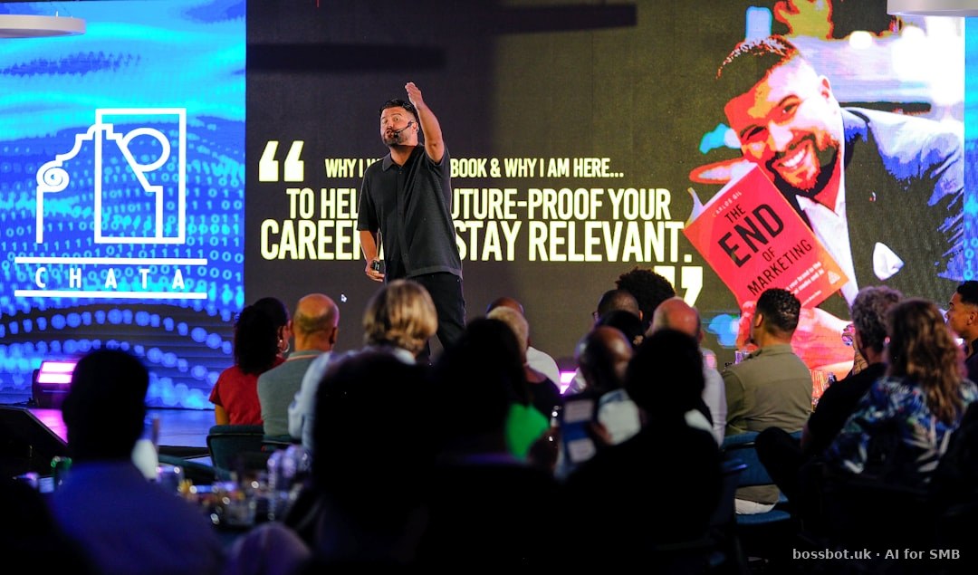 Speaker presents book to audience on stage