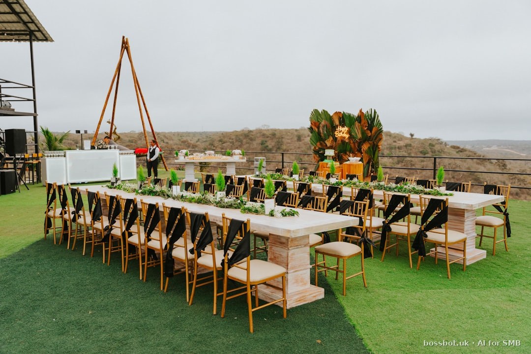Long dining tables set for an outdoor event