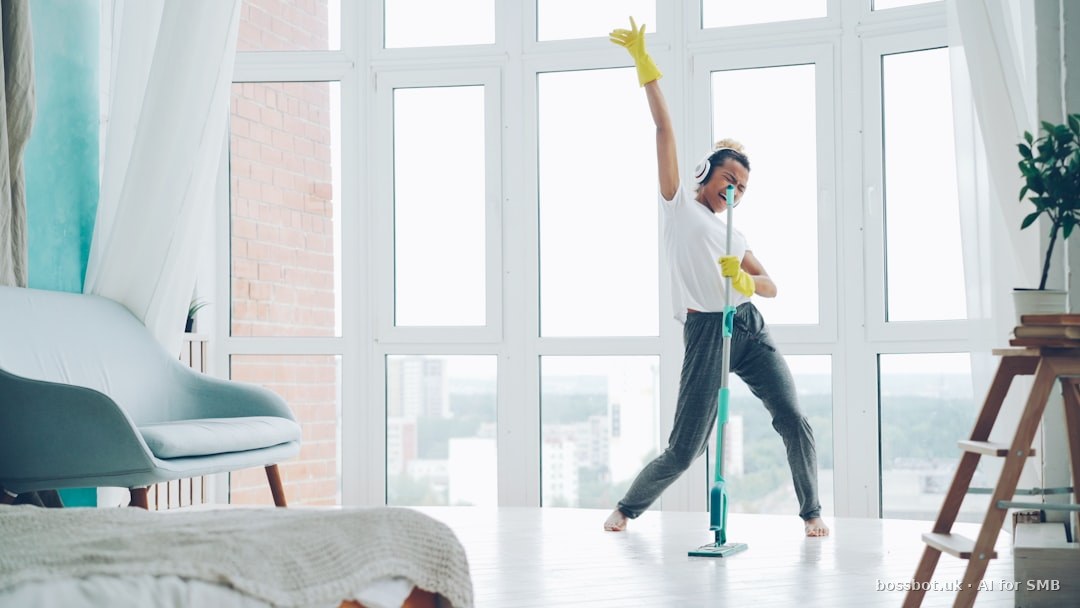 Person happily mopping the floor while listening to music.