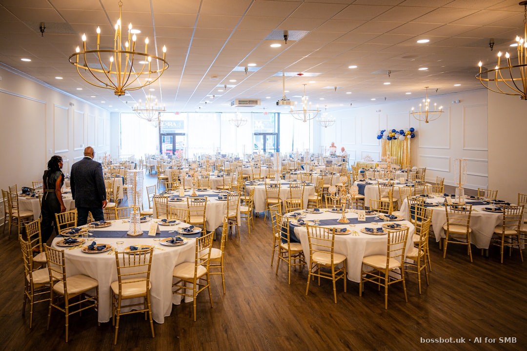 Elegant banquet hall set for an event with round tables.