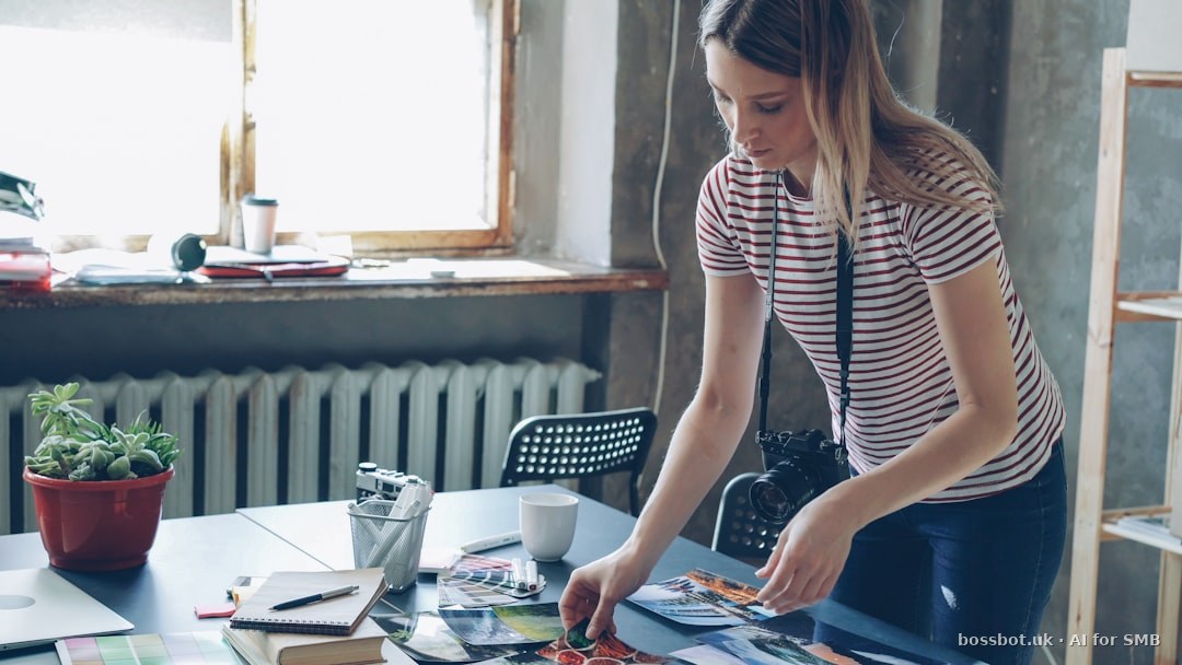 A woman is arranging pictures on a table.