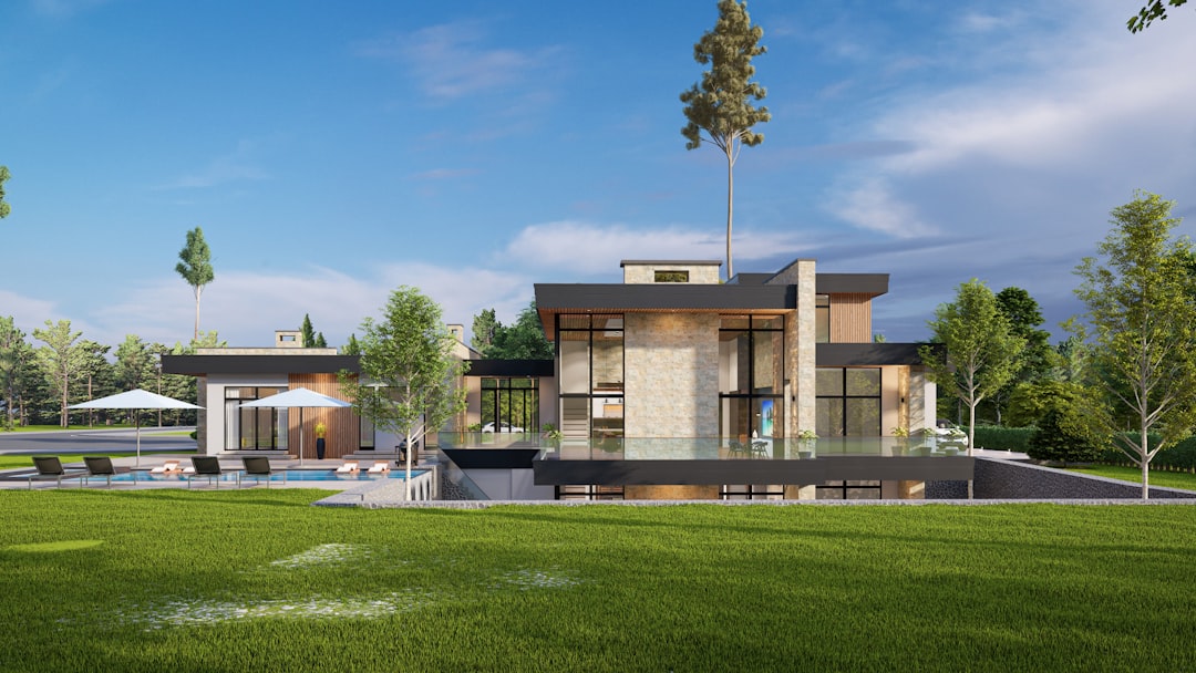 A rendering of a modern house with a pool
