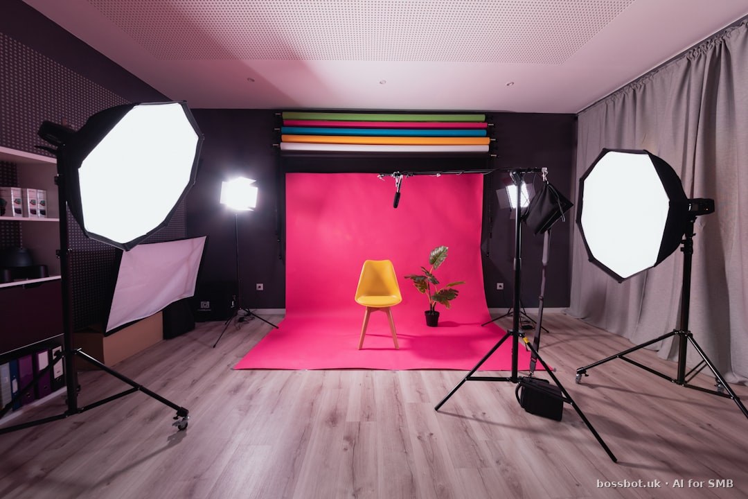A photo studio with a pink backdrop and a yellow chair
