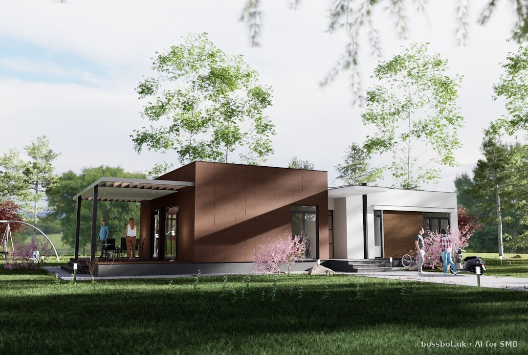 A rendering of a house in the middle of a park