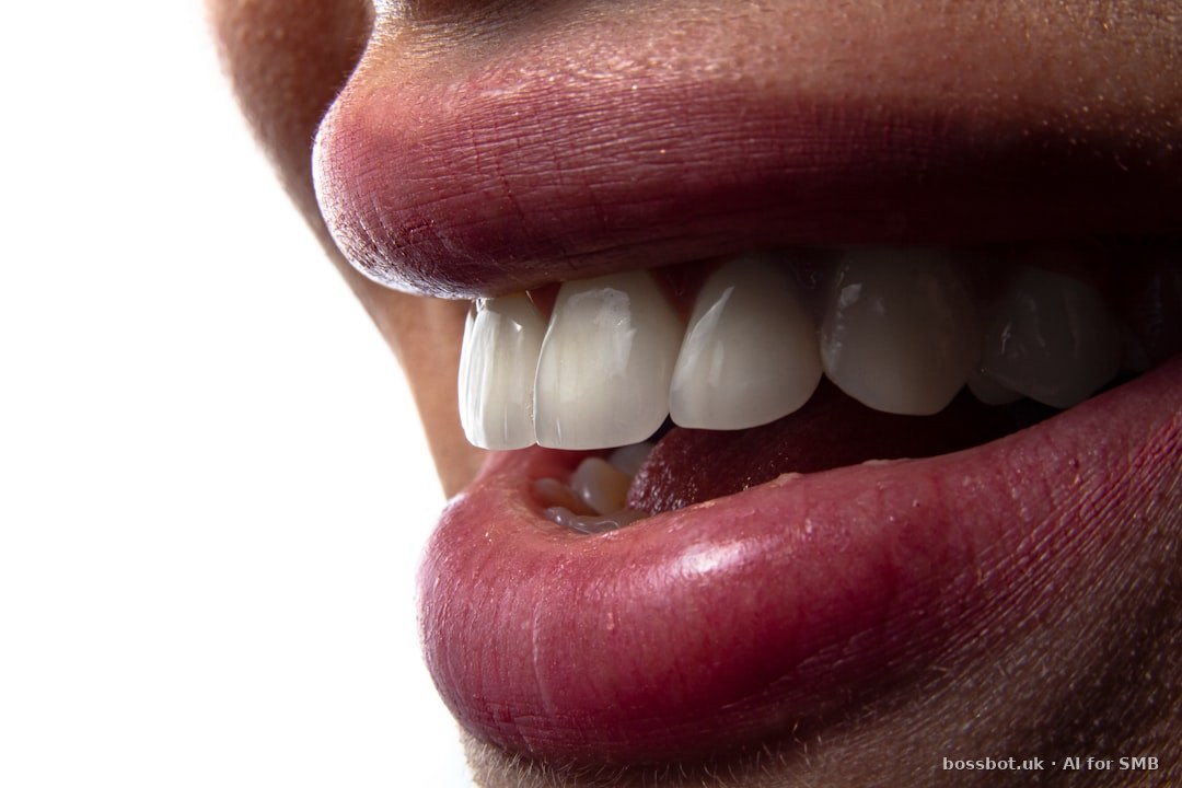 A close-up of a person's mouth with teeth showing